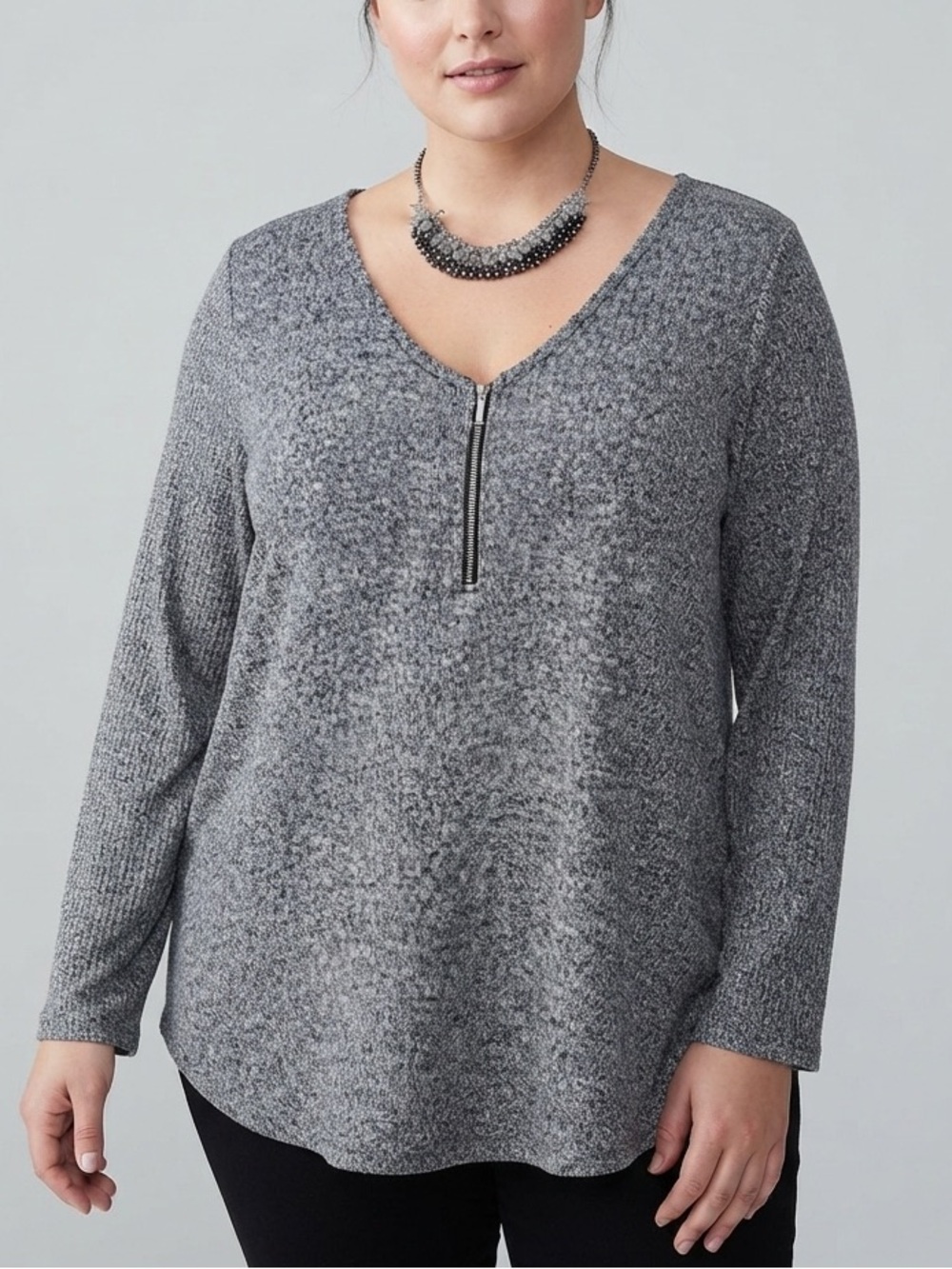 😍CLEARANCE LILY MORGAN Grey V-Neck Zip-Front Women's Sweater 3X